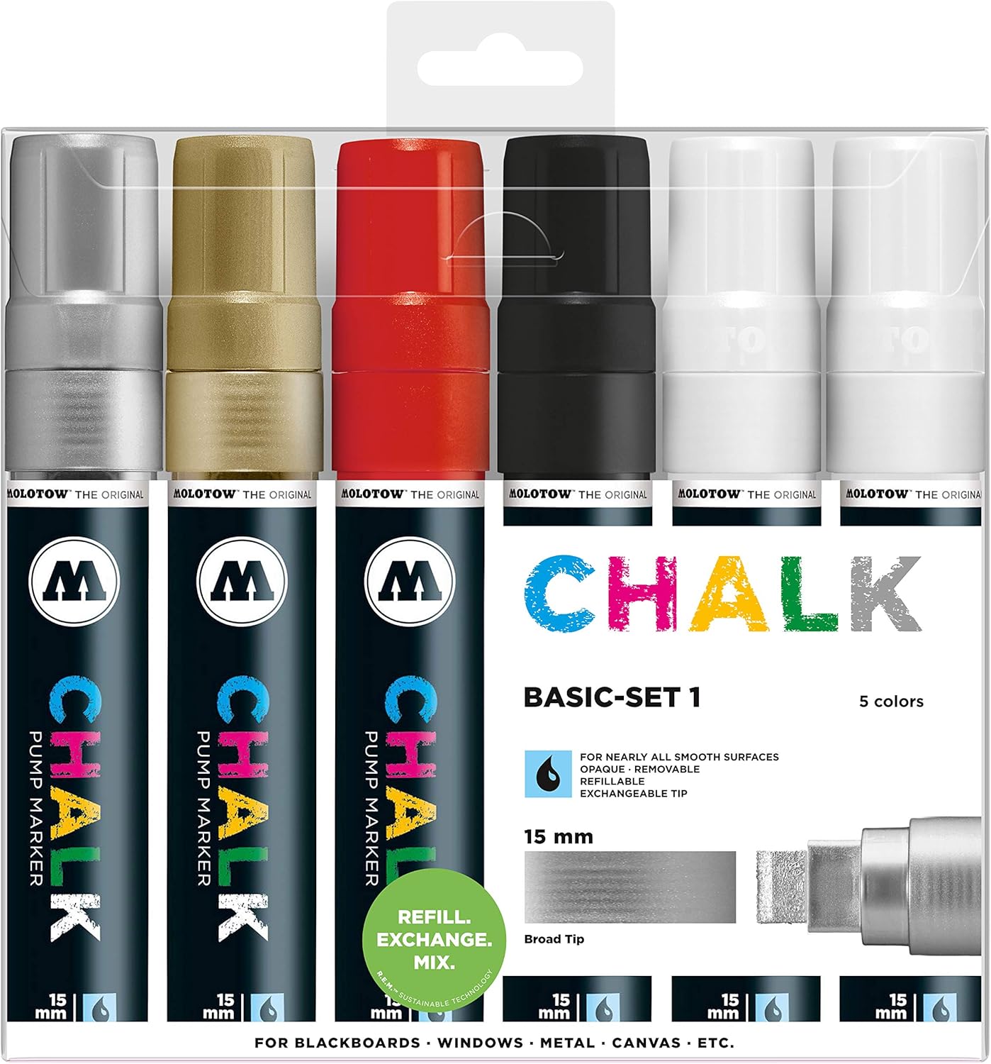 Molotow Lot de 6 marqueurs à craie Chalk Basic 15 mm Couleurs assorties